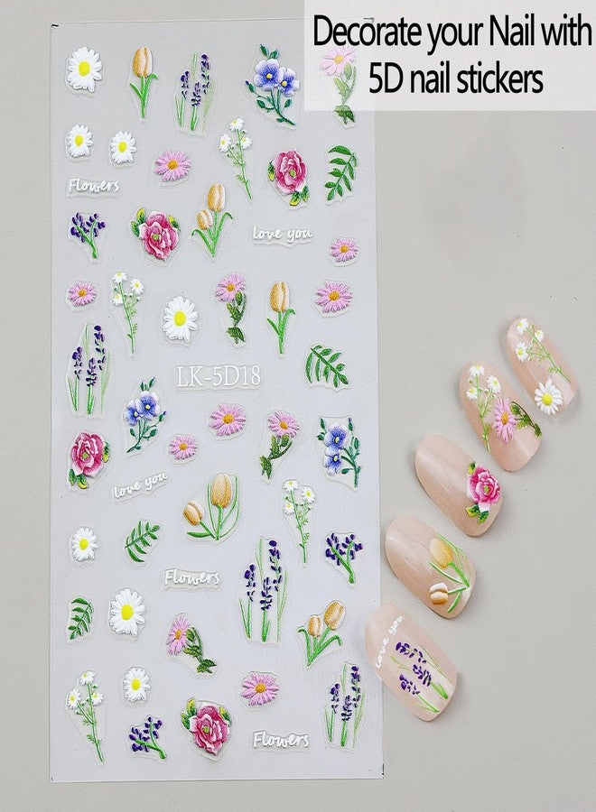 VOTACOS Flower Nail Art Stickers 5D Embossed Flower Nail Decals Spring Summer 3D Self Adhesive Daisy Lavender Nails Decoration Supplies for Women Nails Design - Image 2
